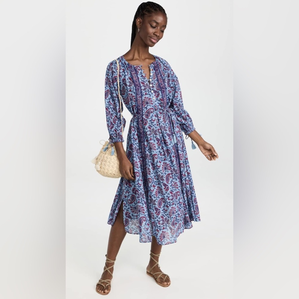 Cleobella Faith Caftan Midi Dress, Sz M, Delhi Block Print